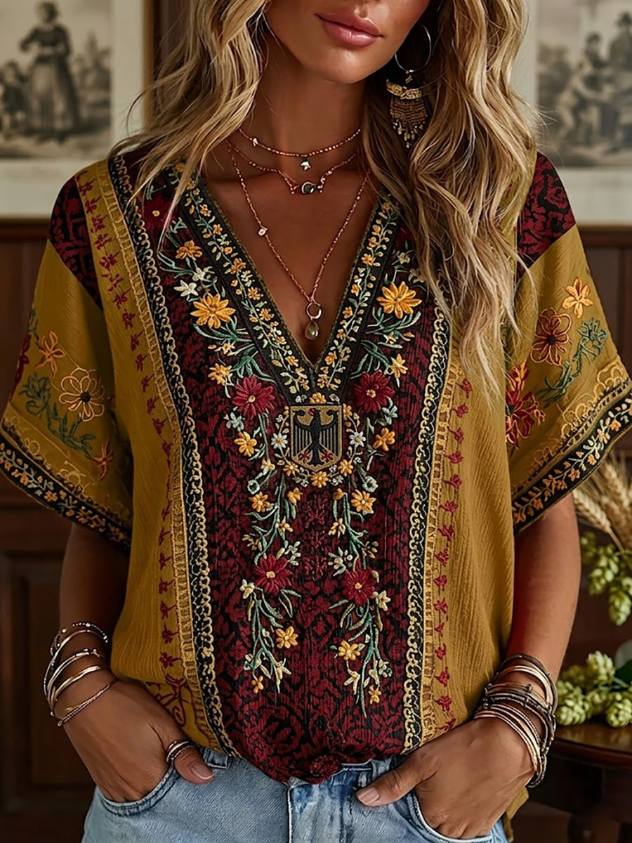 Damen Boho Deutsches Blumen druck Mittellänge Ärmel V-Ausschnitt T-Shirt