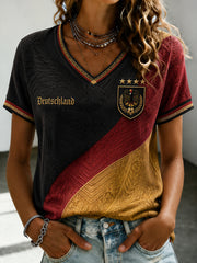 Damen-Fußballfan-T-Shirt mit Deutschland-Print und V-Ausschnitt