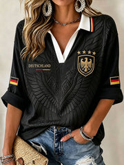 Damen-Fußball-T-Shirt aus Deutschland mit mittellangen Ärmeln und V-Ausschnitt