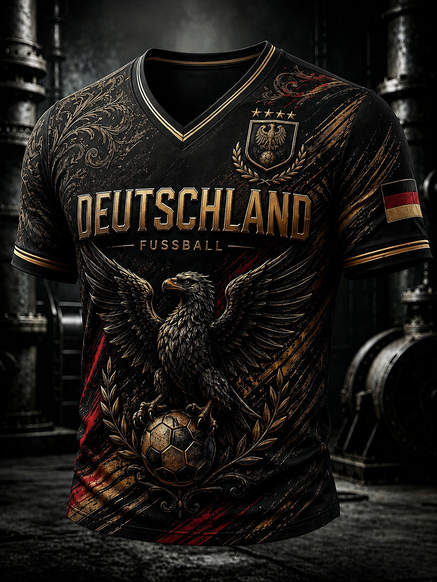 Herren-Fußballfan-T-Shirt aus Deutschland mit V-Ausschnitt und Print