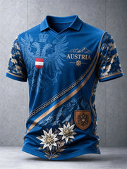 Herren-Polo mit lässigem Edelweiß-Flaggen-Print in österreichischem Stil