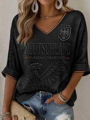 Damen-Fußball-T-Shirt aus Deutschland mit mittellangen Ärmeln und V-Ausschnitt