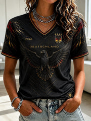 Damen-Fußball-T-Shirt aus Deutschland mit V-Ausschnitt und Aufdruck