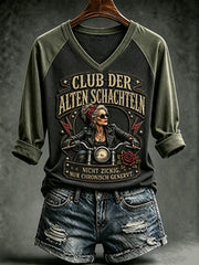 Frauen-T-Shirt mit witzigem Slogan-Print, V-Ausschnitt und langen Ärmeln