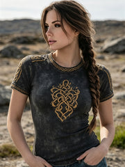 Damen-Vintage-T-Shirt mit keltischem Wikingerknoten-Print und kurzen Ärmeln