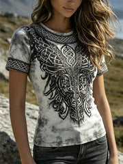 Damen-Vintage-T-Shirt mit Flügeln, Wikinger- und Keltenknotenmuster sowie kurzen Ärmeln