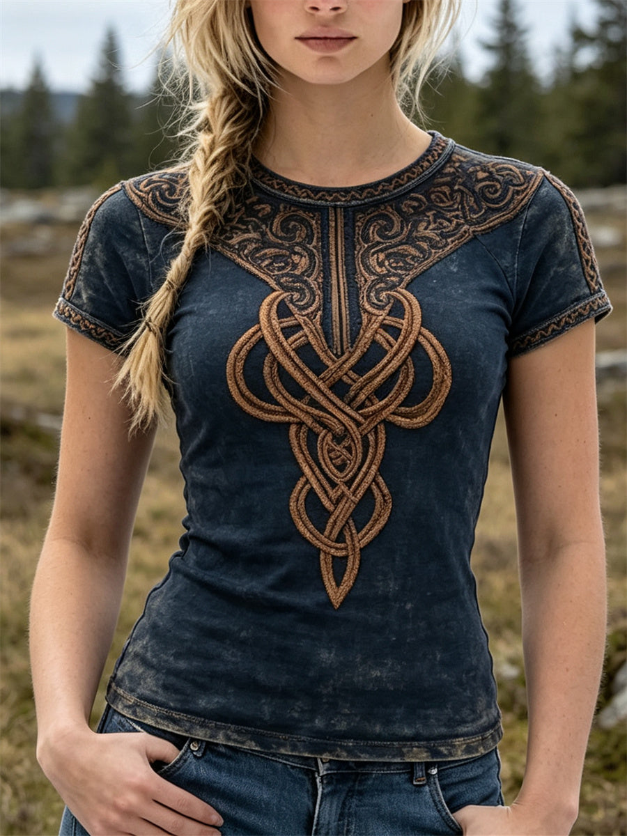 Damen-Vintage-T-Shirt mit keltischem Wikingerknoten-Print und kurzen Ärmeln