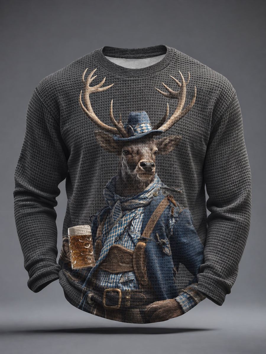 Men's Bavarian Deer Oktoberfest Art Waffle Long Sleeve T-Shirt